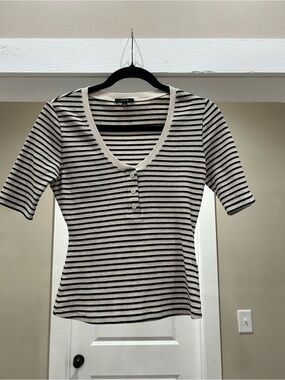 Joe's Jeans Black & Cream Striped V-Neck Short Sleeve Top